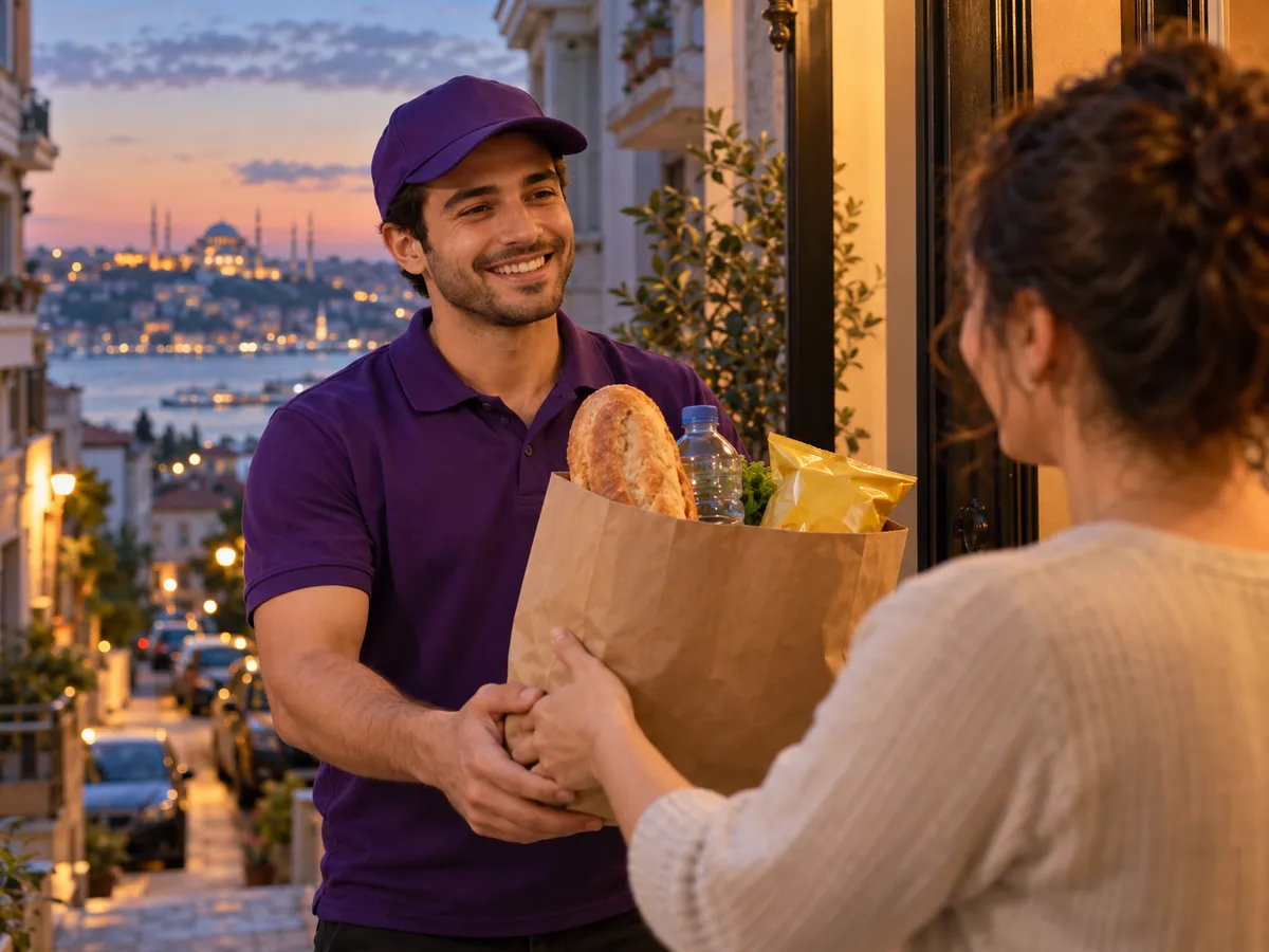 Kurye siparişi kapıda teslim ediyor